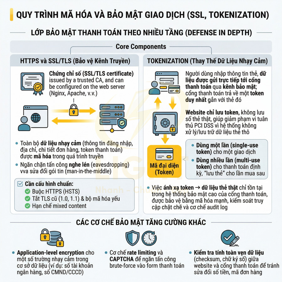 Quy trình mã hóa và bảo mật giao dịch thanh toán trực tuyến bằng HTTPS SSL TLS và tokenization
