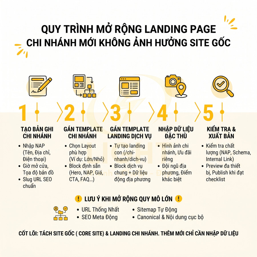 Quy trình 5 bước mở rộng landing page chi nhánh mới không ảnh hưởng site gốc, hướng dẫn chi tiết bằng tiếng Việt