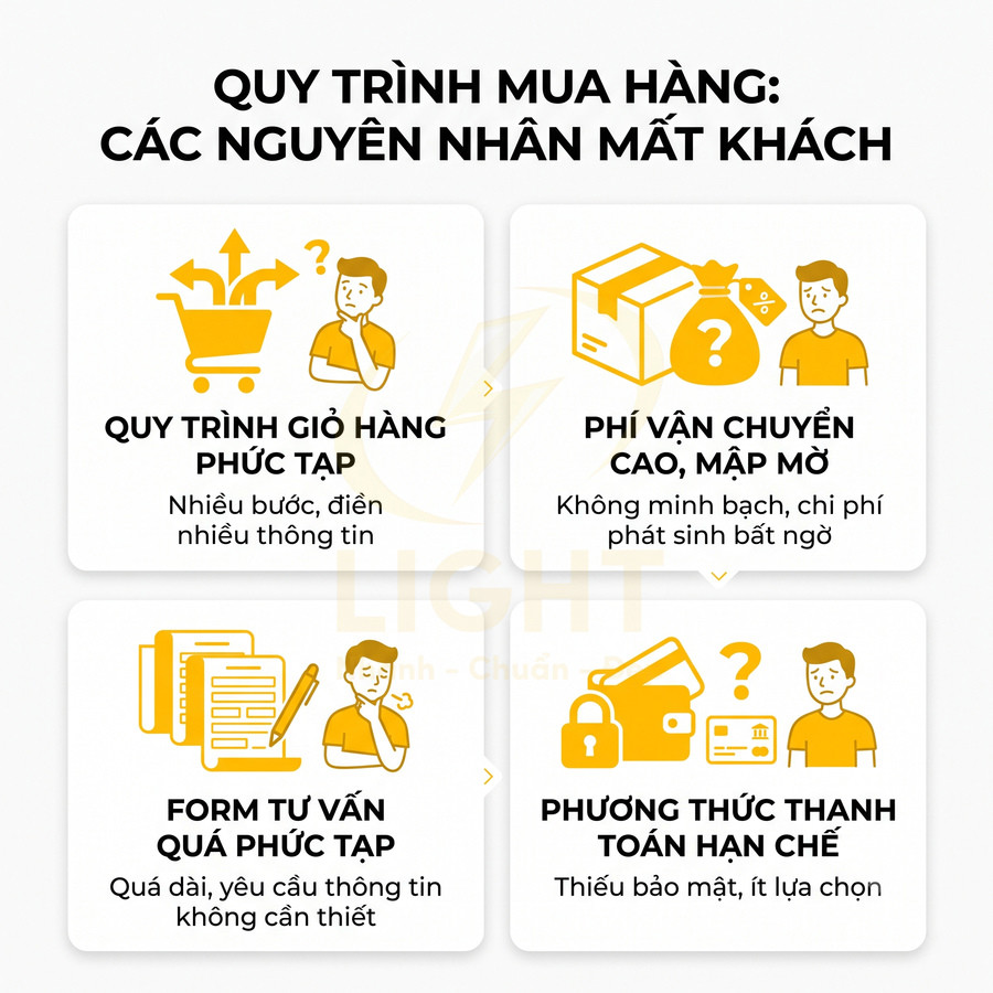 Quy trình mua hàng online và các nguyên nhân mất khách như giỏ hàng phức tạp, phí vận chuyển cao, form tư vấn dài
