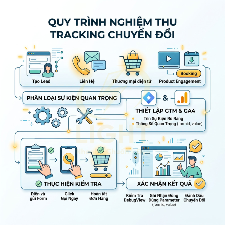 Quy trình nghiệm thu tracking chuyển đổi với các bước phân loại sự kiện, thiết lập GTM GA4, kiểm tra và xác nhận kết quả