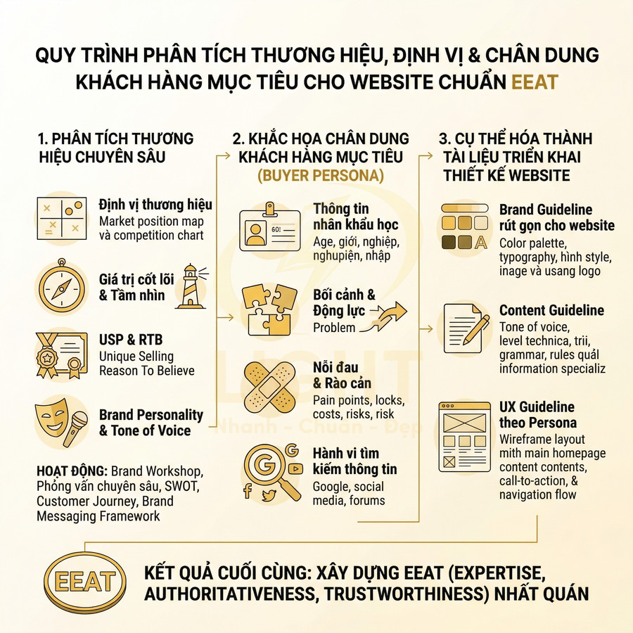 Quy trình phân tích thương hiệu, định vị và chân dung khách hàng mục tiêu để xây dựng website chuẩn EEAT