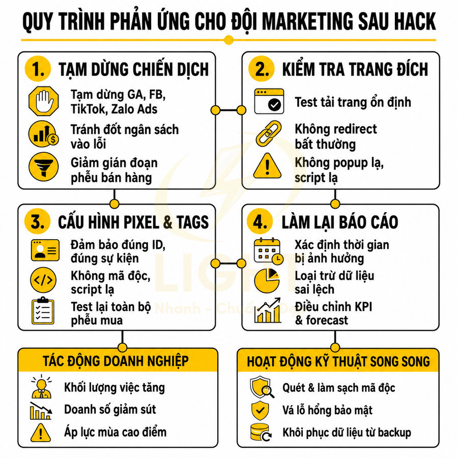 Quy trình phản ứng cho đội marketing sau hack với các bước tạm dừng chiến dịch, kiểm tra trang đích, cấu hình pixel và làm lại báo cáo