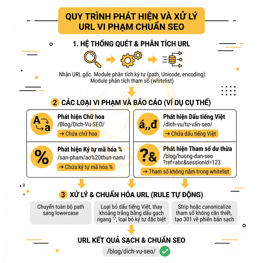 Quy trình phát hiện và xử lý URL vi phạm chuẩn SEO, chuẩn hóa URL sạch cho website
