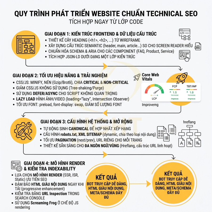 Quy trình phát triển website chuẩn technical SEO với 4 giai đoạn tối ưu cấu trúc, hiệu năng, hệ thống và indexability