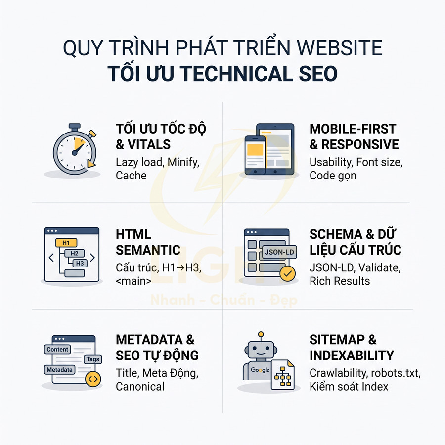 Quy trình phát triển website tối ưu technical SEO với tối ưu tốc độ, mobile first, HTML semantic, schema, metadata và sitemap