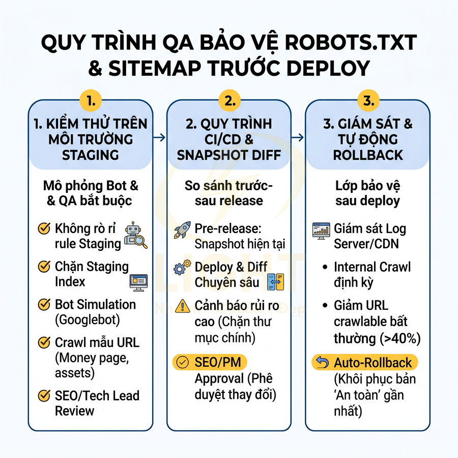 Quy trình QA bảo vệ robots.txt và sitemap trước deploy với 3 bước kiểm thử, CI/CD snapshot diff và giám sát rollback