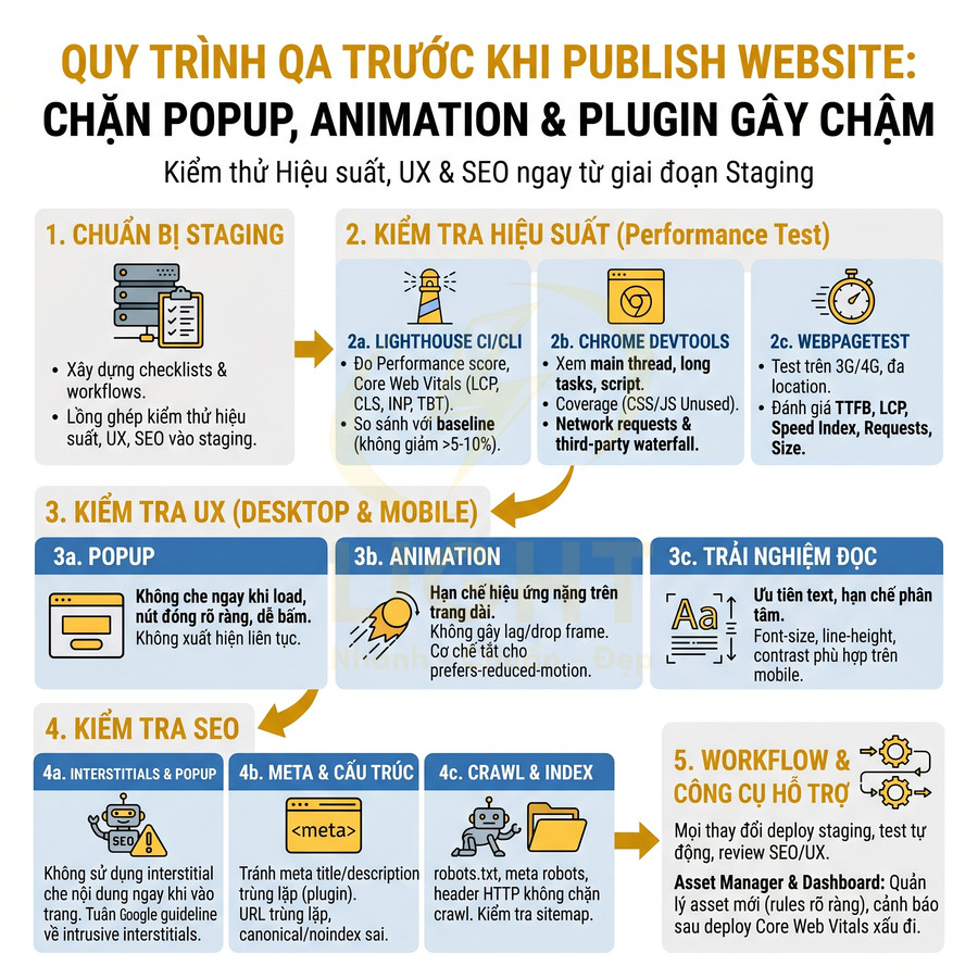 Quy trình QA kiểm tra hiệu suất UX SEO trước khi publish website chặn popup animation và plugin gây chậm