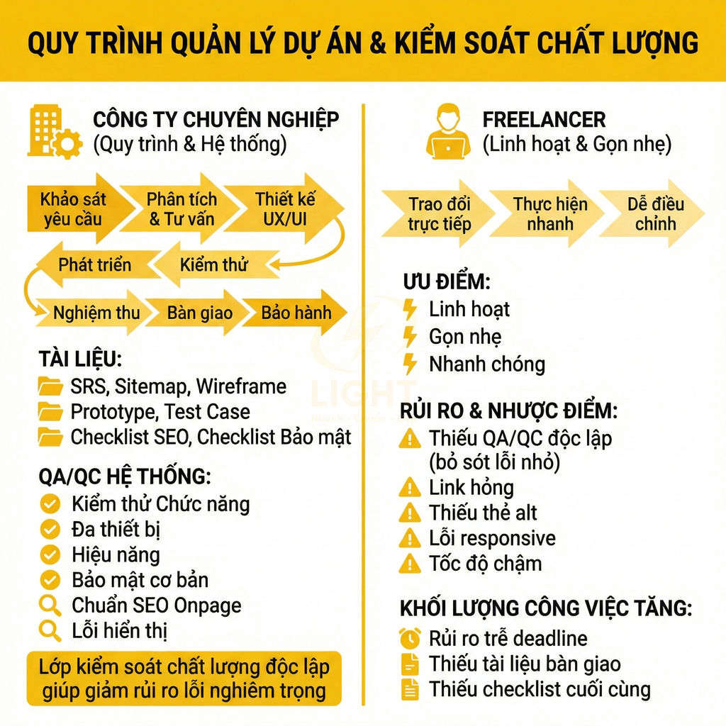 So sánh quy trình quản lý dự án và kiểm soát chất lượng giữa công ty chuyên nghiệp và freelancer