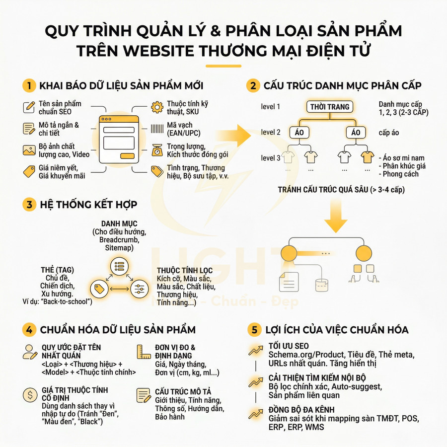 Quy trình quản lý và phân loại dữ liệu sản phẩm trên website thương mại điện tử bằng sơ đồ minh họa