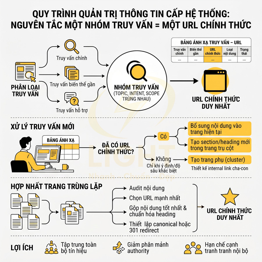 Quy trình quản trị thông tin cấp hệ thống với nguyên tắc một nhóm truy vấn một URL chính thức trong SEO