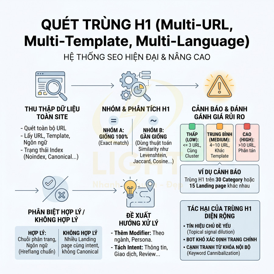 Quy trình quét trùng H1 trên toàn site, các bước phân tích và xử lý trùng lặp H1 trong SEO