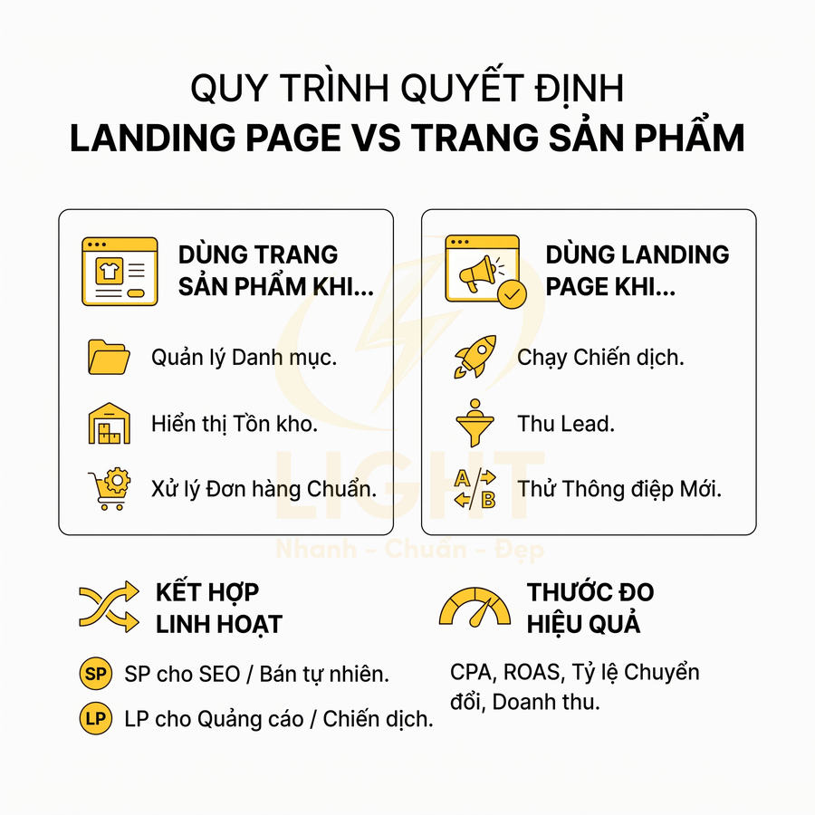Quy trình quyết định dùng landing page hay trang sản phẩm cho chiến dịch marketing và bán hàng online