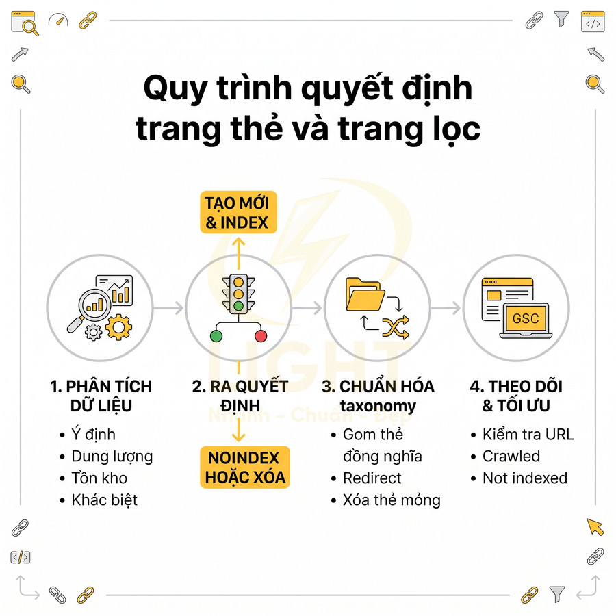 Quy trình quyết định trang thẻ và trang lọc trong SEO gồm phân tích dữ liệu, chuẩn hóa taxonomy, theo dõi tối ưu