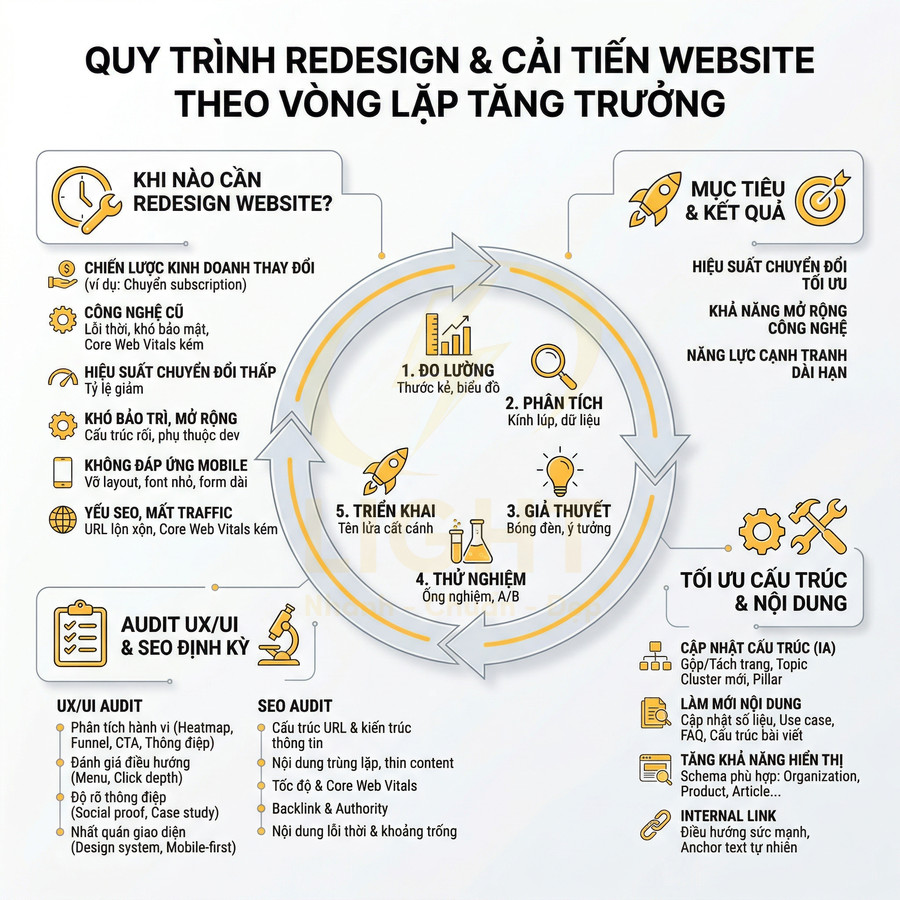 Quy trình redesign và cải tiến website theo vòng lặp tăng trưởng, tối ưu UX UI, SEO, cấu trúc và nội dung
