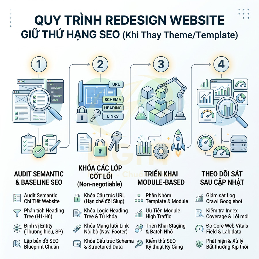 Quy trình redesign website giữ thứ hạng SEO với 4 bước audit, khóa cấu trúc, triển khai module và theo dõi cập nhật