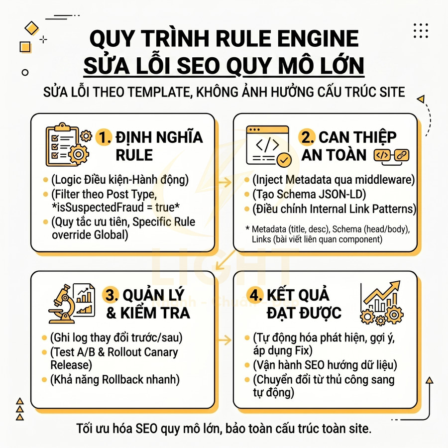 Quy trình rule engine sửa lỗi SEO quy mô lớn với 4 bước định nghĩa rule, can thiệp an toàn, quản lý kiểm tra và đo lường kết quả