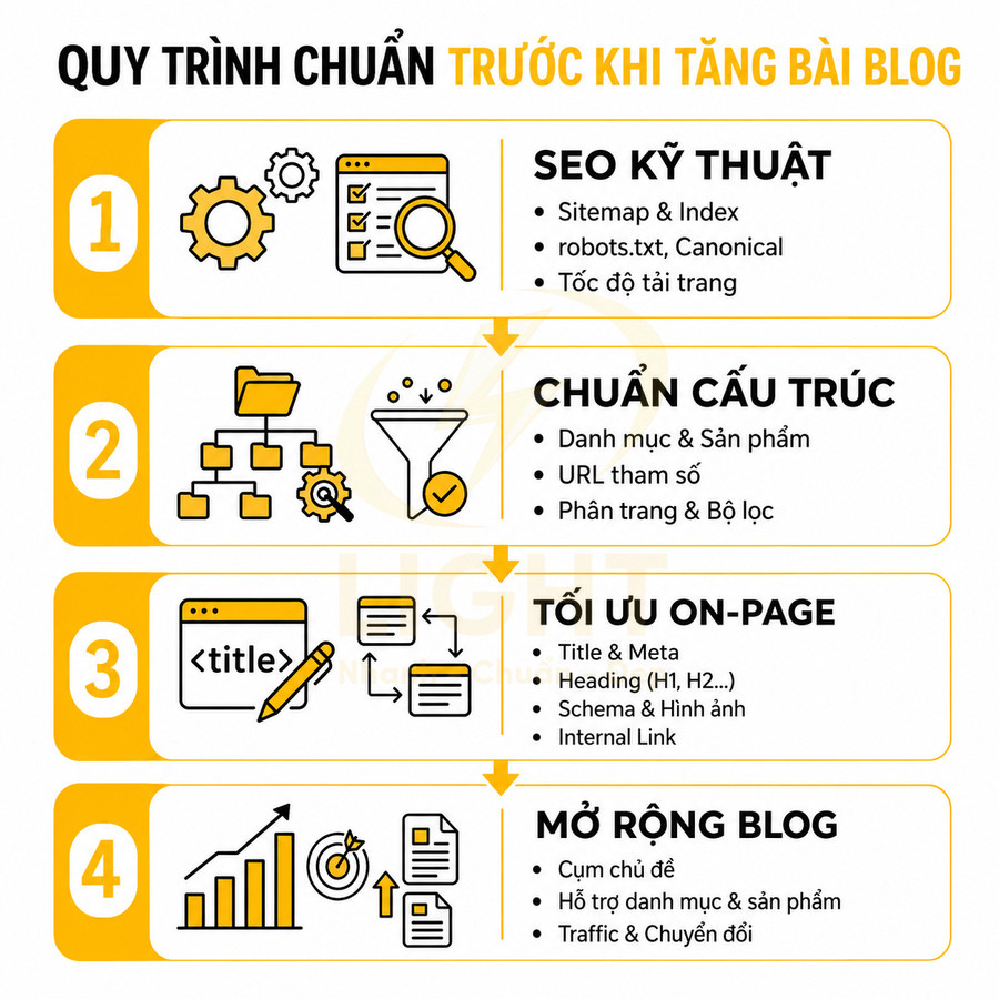 Quy trình chuẩn SEO trước khi đăng bài blog với 4 bước tối ưu kỹ thuật, cấu trúc, onpage và mở rộng nội dung