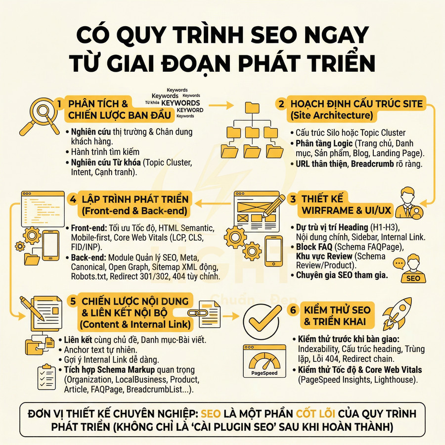 Quy trình SEO chuẩn từ giai đoạn phát triển website với 6 bước tối ưu cấu trúc, nội dung và kỹ thuật