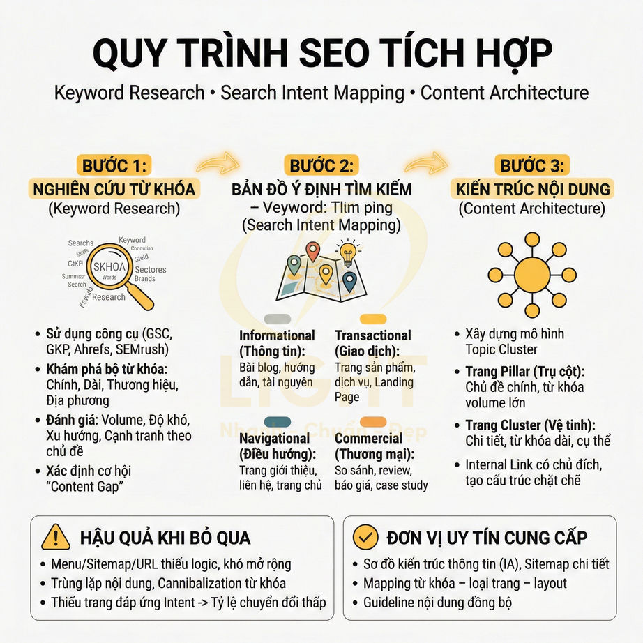 Quy trình SEO tích hợp với ba bước nghiên cứu từ khóa, bản đồ ý định tìm kiếm và kiến trúc nội dung