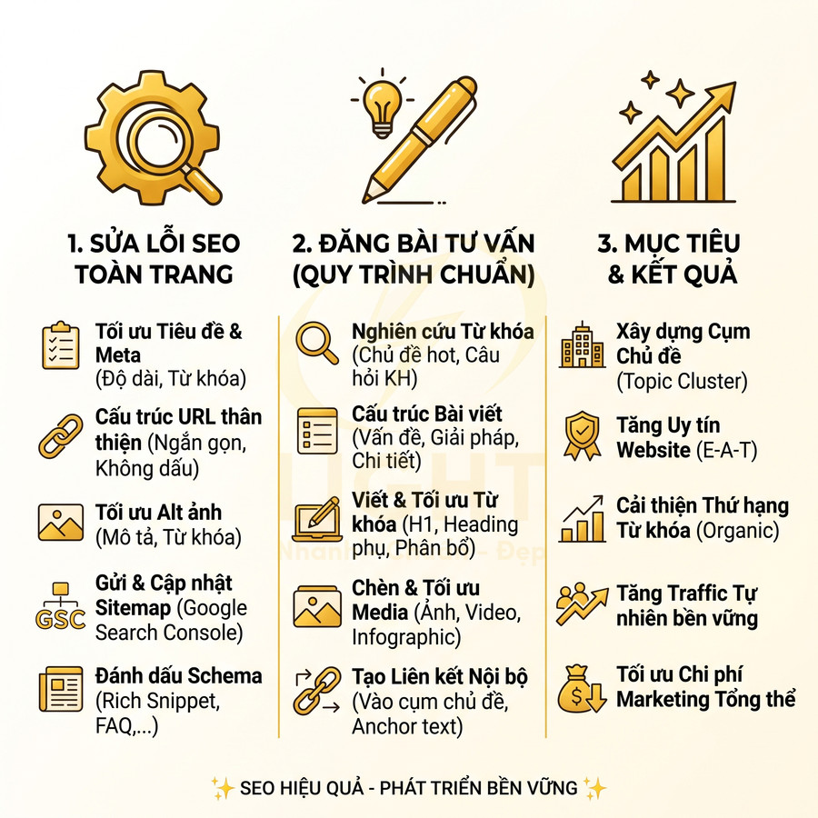 Quy trình dịch vụ tối ưu SEO tổng thể với các bước sửa lỗi onpage, đăng bài tư vấn và mục tiêu tăng traffic, thứ hạng từ khóa
