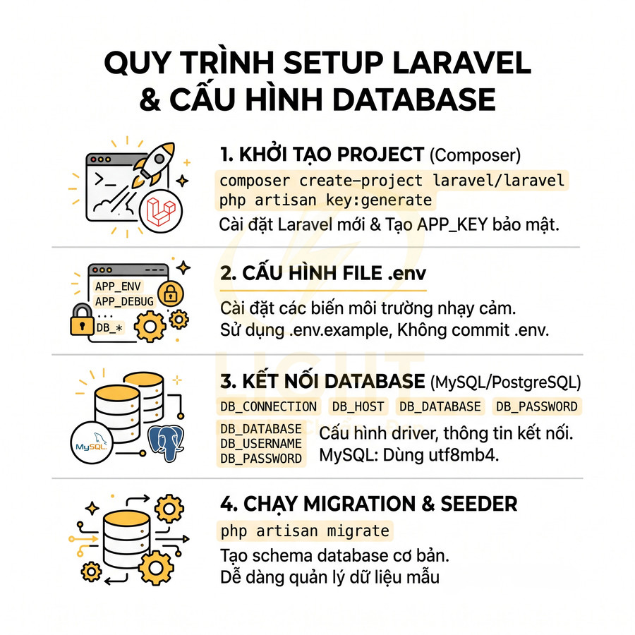 Quy trình setup Laravel và cấu hình database với các bước khởi tạo project, chỉnh file env, kết nối DB, chạy migration