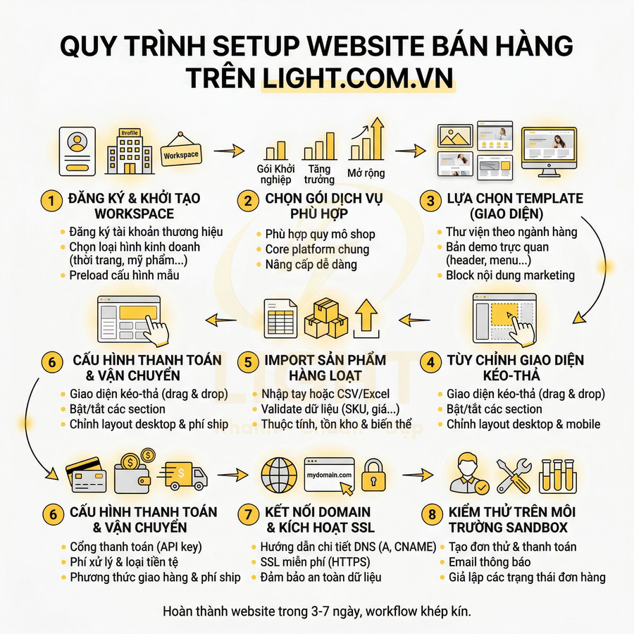 Quy trình setup website bán hàng trên Light.com.vn với 8 bước cấu hình và triển khai hoàn chỉnh