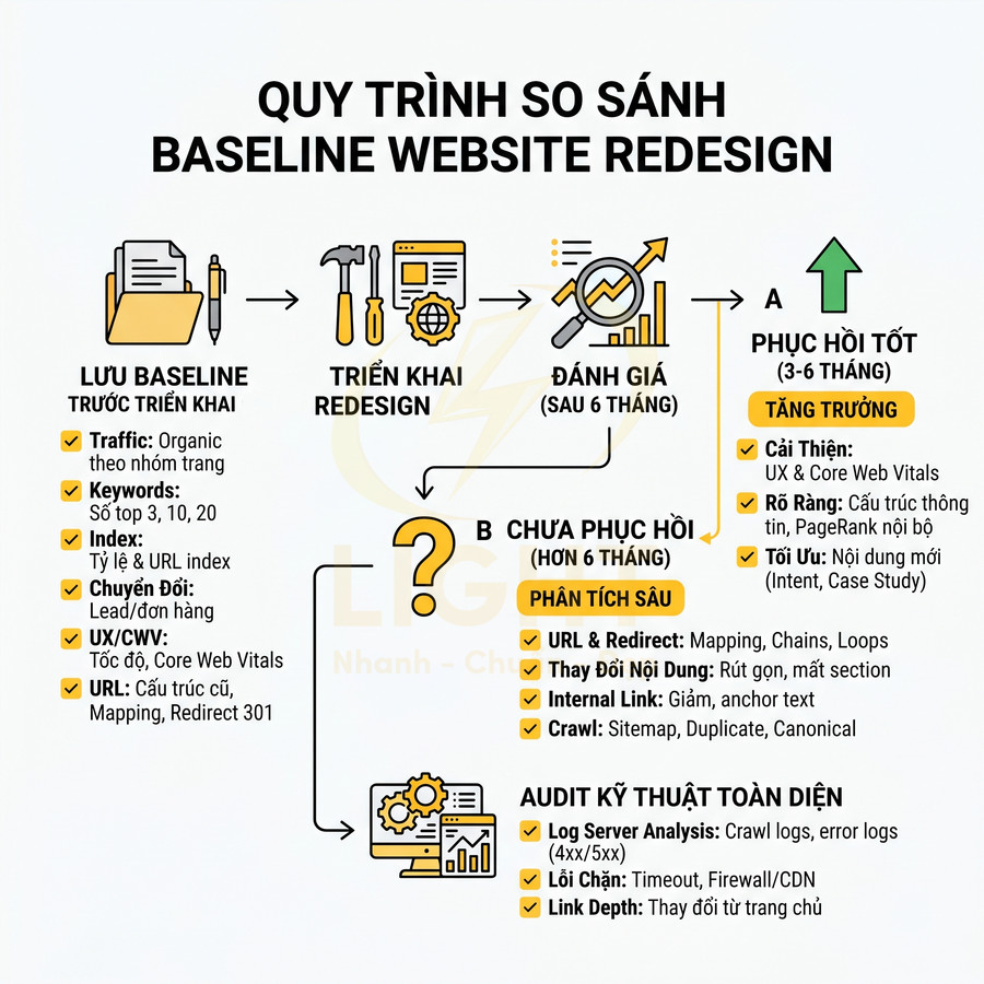 Quy trình so sánh baseline website redesign với các bước lưu baseline, triển khai, đánh giá và audit kỹ thuật