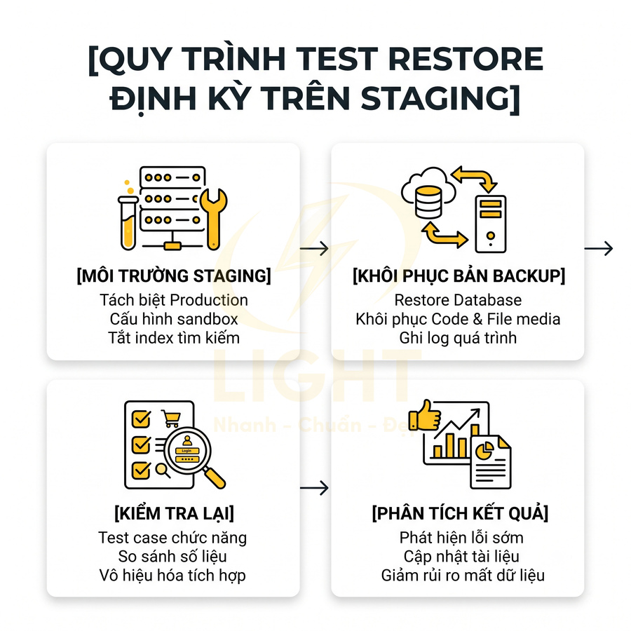 Quy trình test restore định kỳ trên staging với các bước môi trường staging, khôi phục backup, kiểm tra lại và phân tích kết quả
