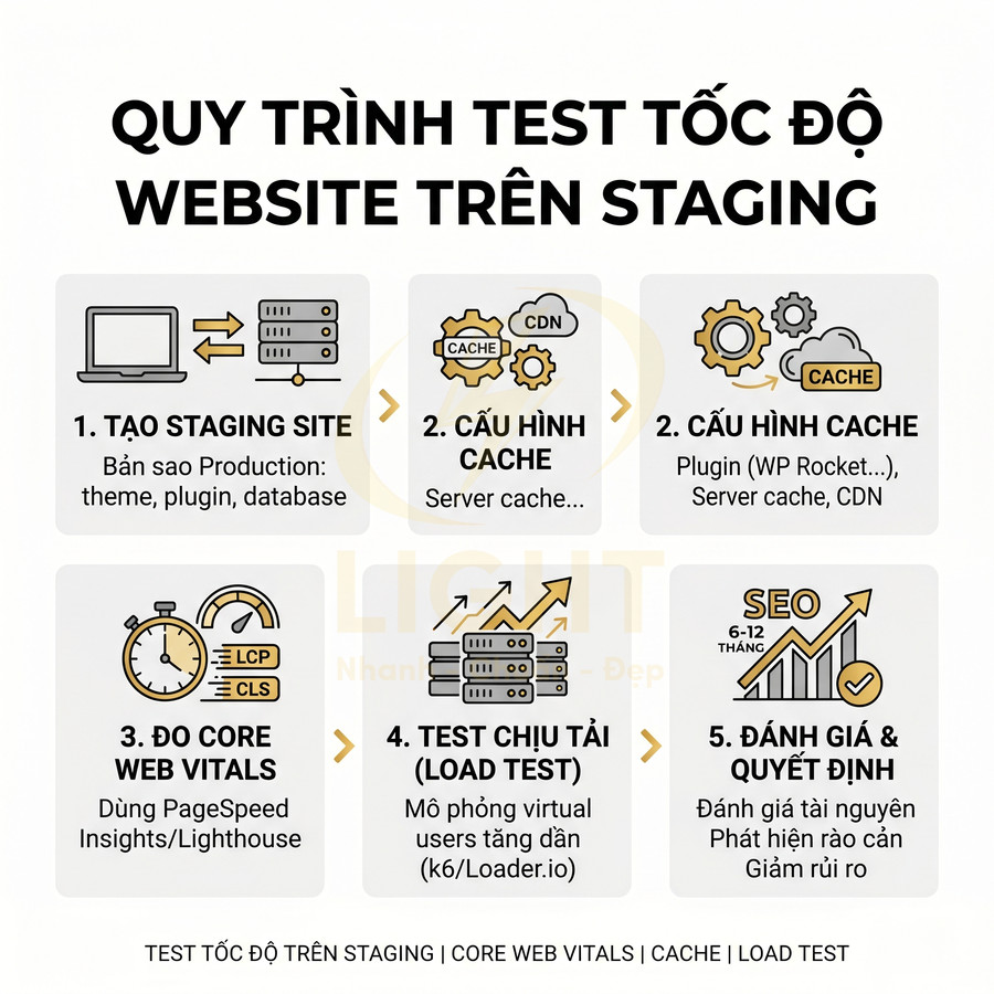 Quy trình test tốc độ website trên staging với các bước tạo staging, cấu hình cache, đo Core Web Vitals, test chịu tải, đánh giá