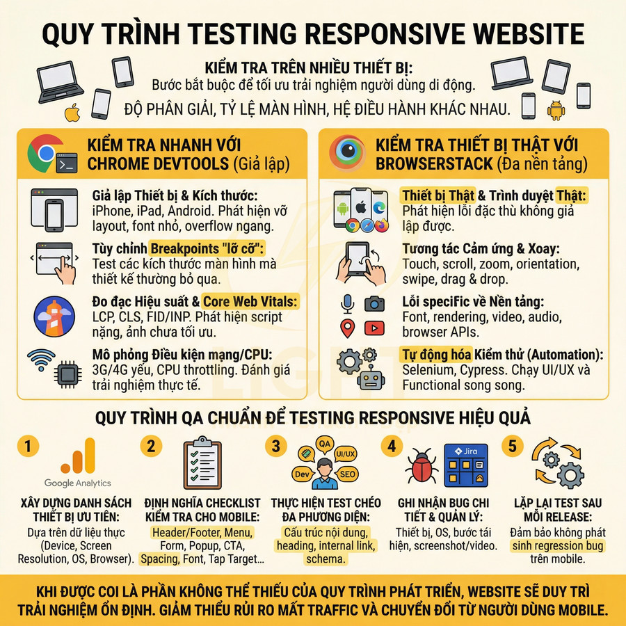 Quy trình testing responsive website với Chrome DevTools, BrowserStack và checklist QA tối ưu trải nghiệm mobile