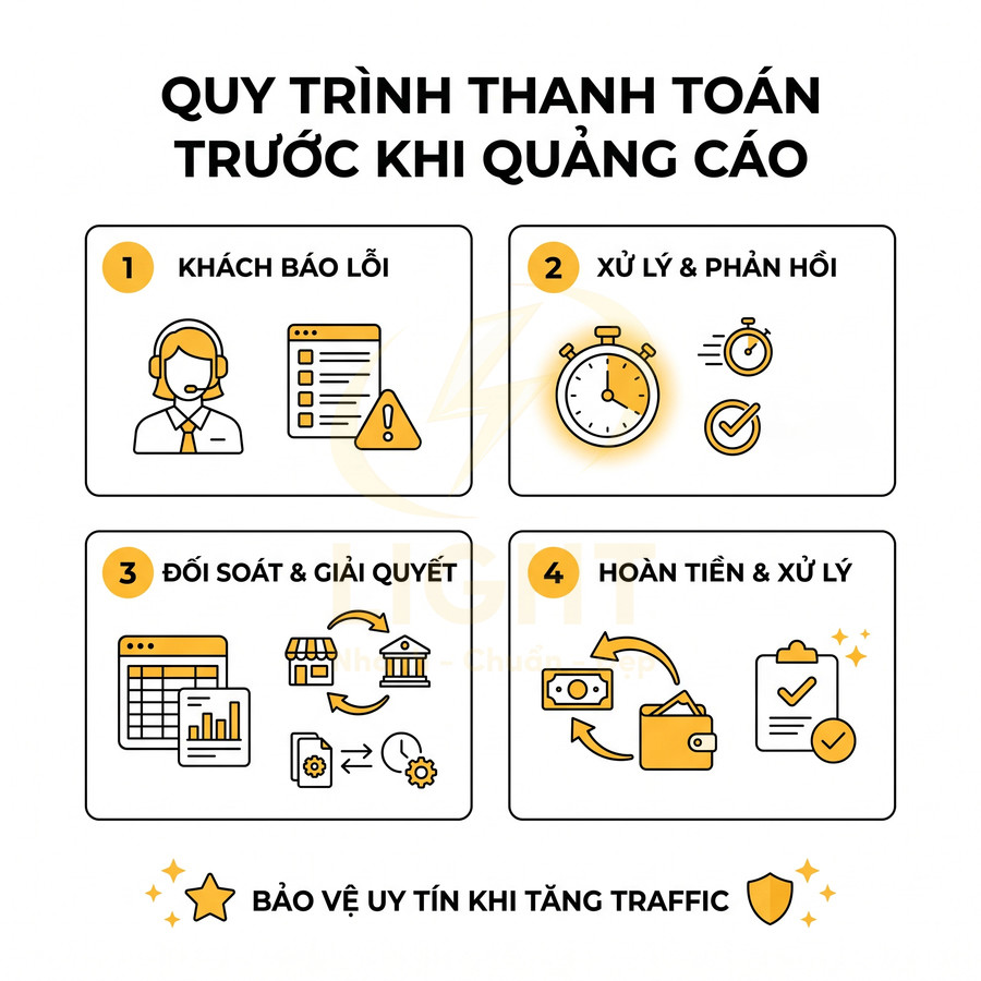 Quy trình thanh toán trước khi quảng cáo gồm 4 bước xử lý lỗi, đối soát và hoàn tiền bảo vệ uy tín tăng traffic