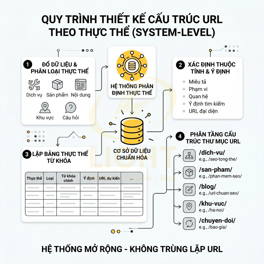 Quy trình thiết kế cấu trúc URL theo thực thể system level với các bước chuẩn hóa dữ liệu và phân tầng thư mục URL