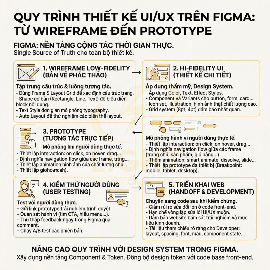 Quy trình thiết kế UI UX trên Figma từ wireframe đến prototype và triển khai web, trình bày dạng infographic tiếng Việt