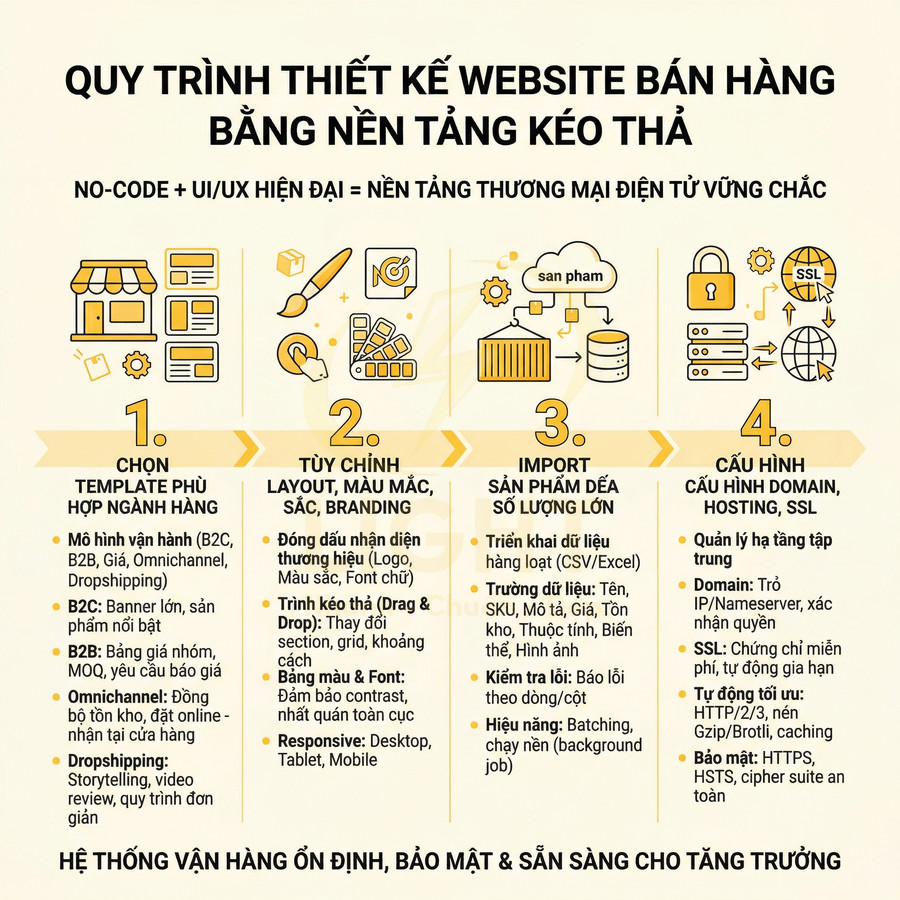 Quy trình thiết kế website bán hàng bằng nền tảng kéo thả với 4 bước từ chọn template đến cấu hình domain SSL