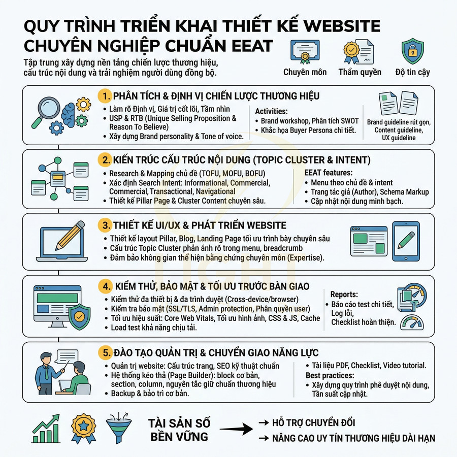 Quy trình triển khai thiết kế website chuyên nghiệp chuẩn EEAT với 5 bước chi tiết bằng tiếng Việt