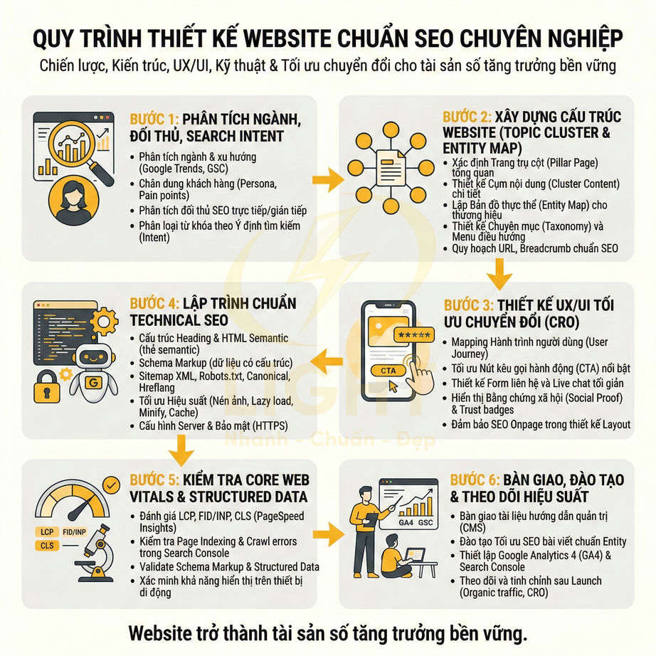 Quy trình 6 bước thiết kế website chuẩn SEO chuyên nghiệp bằng infographic tiếng Việt