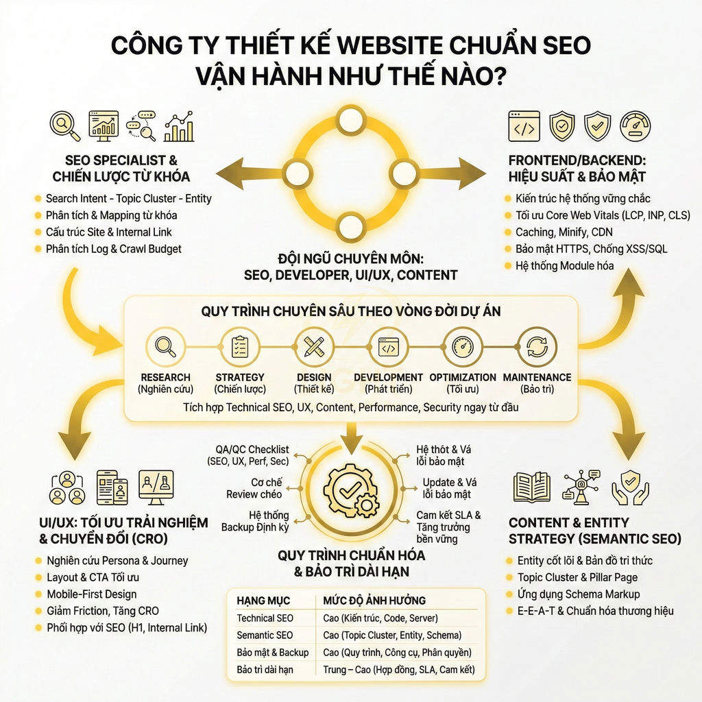 Quy trình công ty thiết kế website chuẩn SEO với các bước nghiên cứu, thiết kế, phát triển, tối ưu và bảo trì
