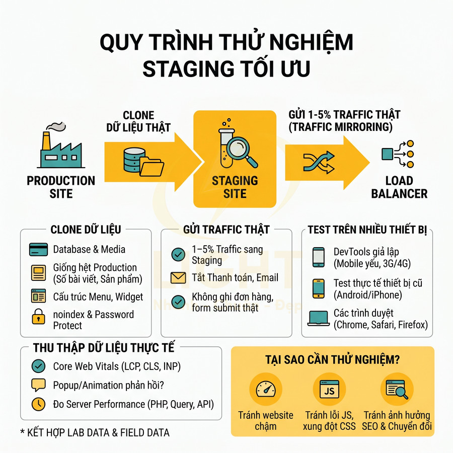 Quy trình thử nghiệm staging tối ưu cho website, clone dữ liệu thật, gửi 1-5% traffic và test trên nhiều thiết bị