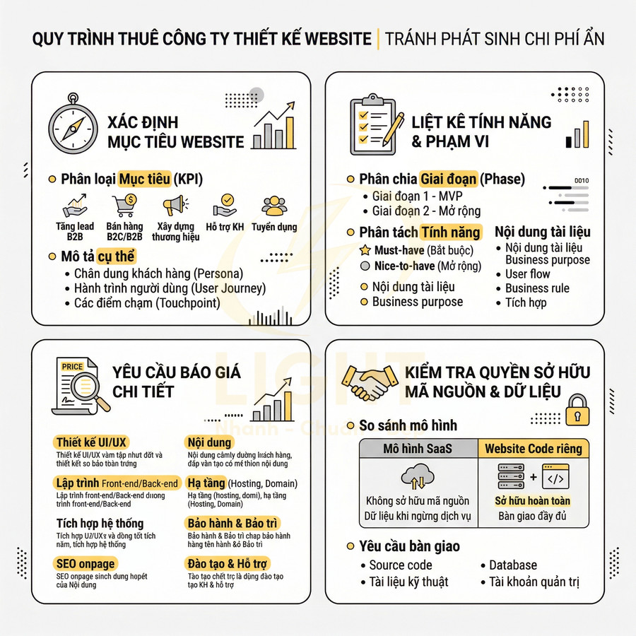 Quy trình thuê công ty thiết kế website với các bước xác định mục tiêu, tính năng, báo giá và quyền sở hữu dữ liệu