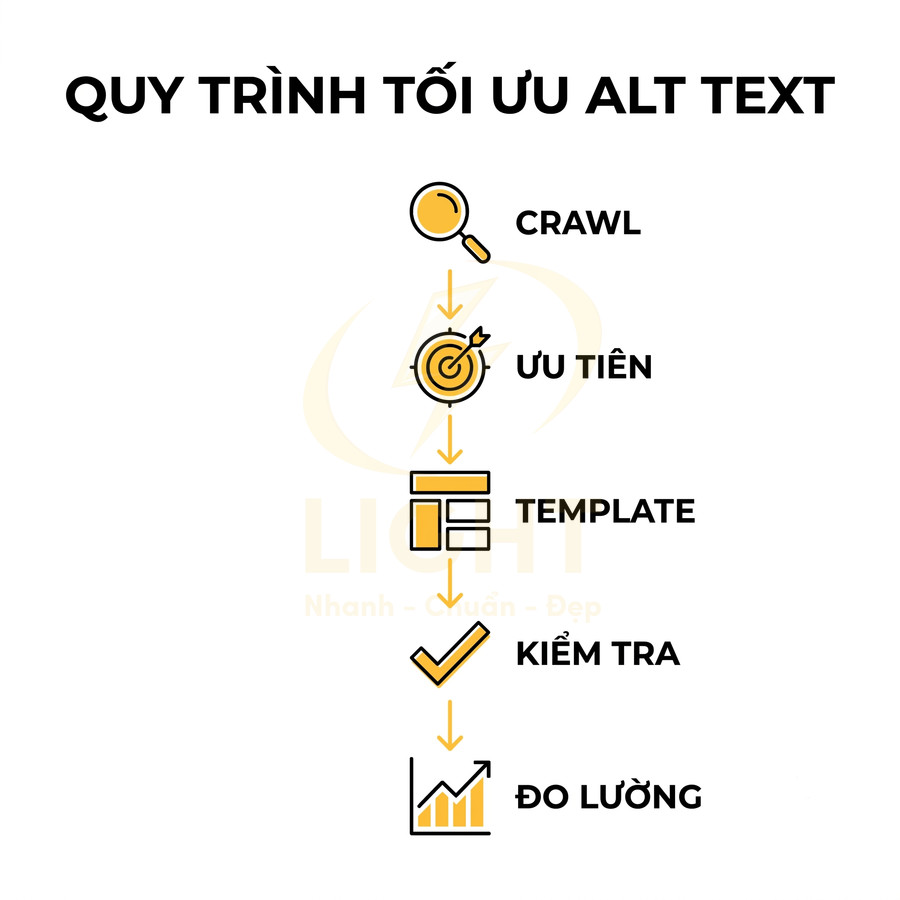 Quy trình tối ưu alt text gồm các bước crawl, ưu tiên, template, kiểm tra và đo lường