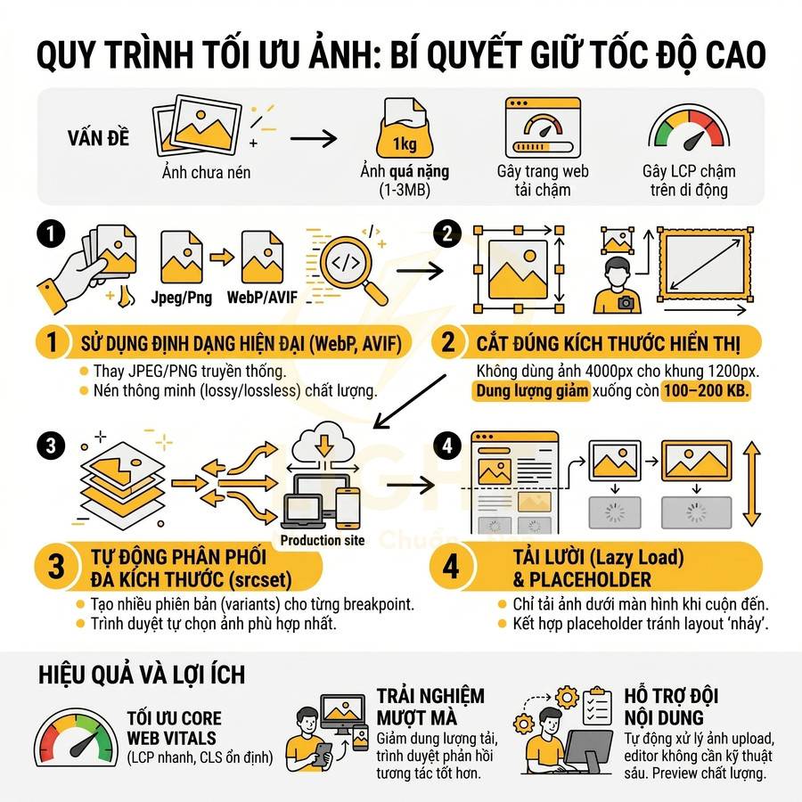 Quy trình tối ưu hình ảnh web với WebP AVIF, cắt đúng kích thước, lazy load và phân phối đa kích thước
