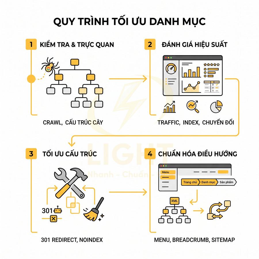 Quy trình tối ưu danh mục website với các bước kiểm tra, đánh giá, tối ưu cấu trúc và chuẩn hóa điều hướng