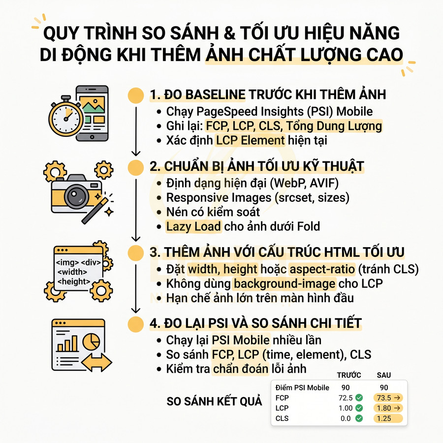 Quy trình tối ưu hiệu năng website di động khi thêm ảnh chất lượng cao với các bước đo và so sánh PSI