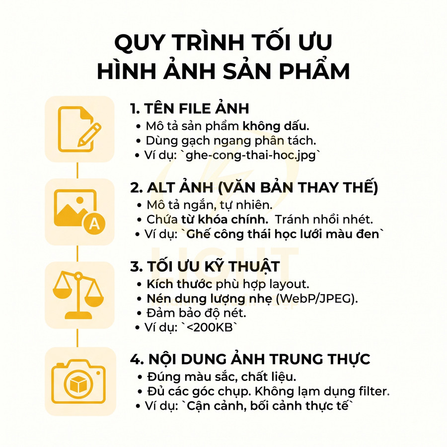 Quy trình tối ưu hình ảnh sản phẩm với hướng dẫn đặt tên file, viết alt, tối ưu kỹ thuật và nội dung ảnh