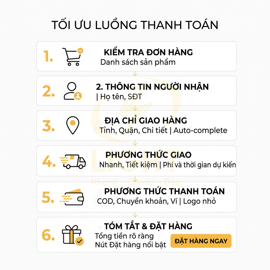 Quy trình tối ưu luồng thanh toán online với 6 bước từ kiểm tra đơn hàng đến tóm tắt và đặt hàng