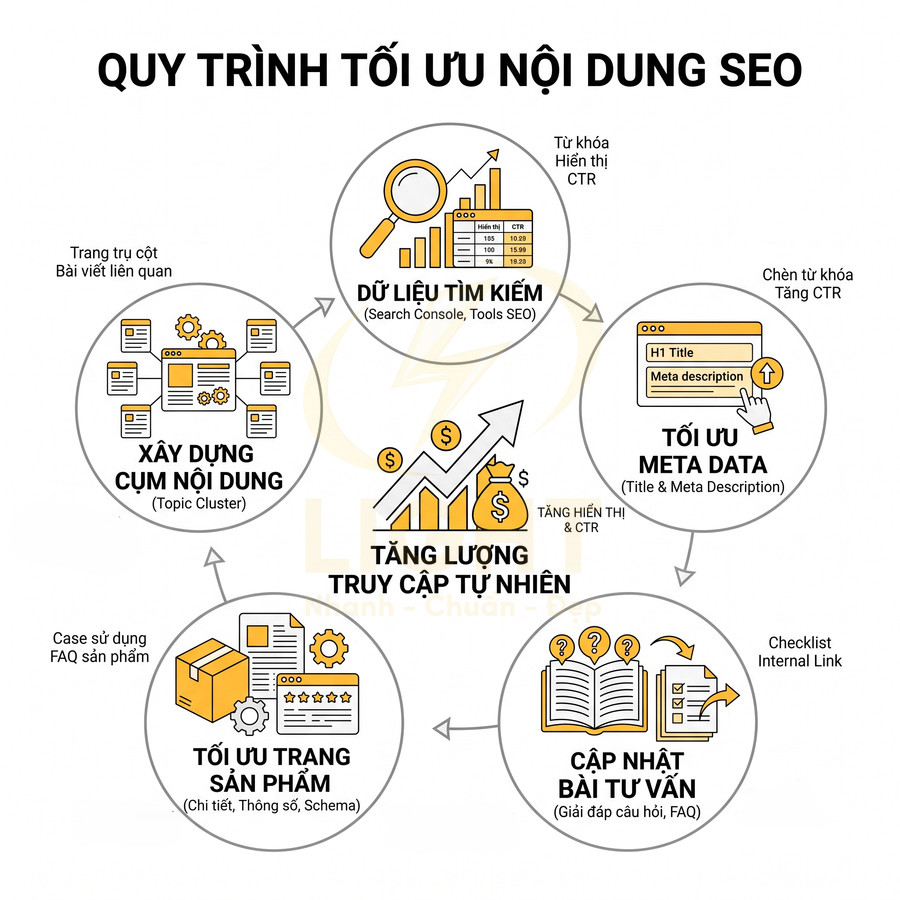 Quy trình tối ưu nội dung SEO với các bước từ dữ liệu tìm kiếm đến tăng lượng truy cập tự nhiên