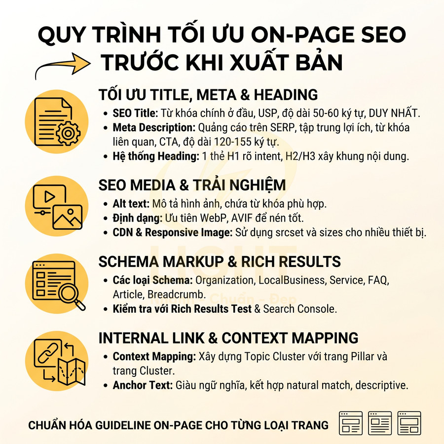 Quy trình tối ưu onpage SEO trước khi xuất bản với các bước về title, meta, media, schema và internal link