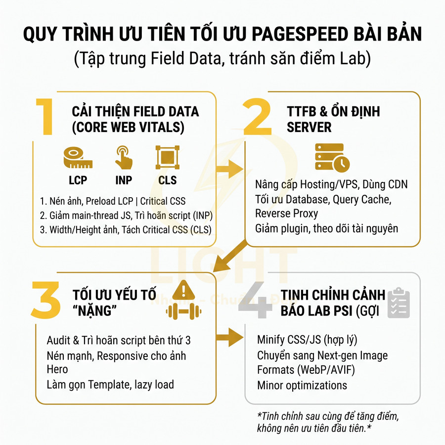 Quy trình tối ưu PageSpeed bền vững với 4 bước cải thiện Core Web Vitals, server, yếu tố nặng và cảnh báo PSI