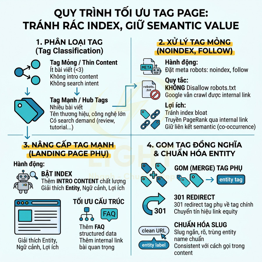 Quy trình tối ưu tag page SEO tránh rác index với phân loại tag, xử lý tag mỏng, nâng cấp tag mạnh và gom tag đồng nghĩa