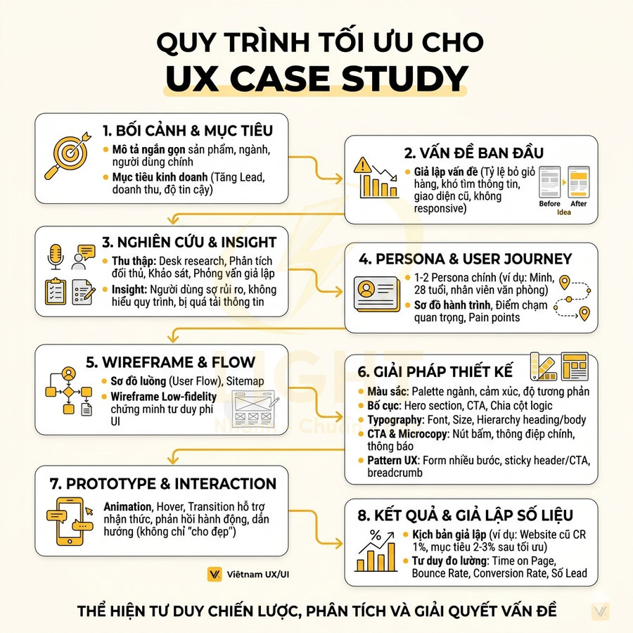 Quy trình tối ưu UX case study với 8 bước từ bối cảnh mục tiêu đến kết quả và giả lập số liệu